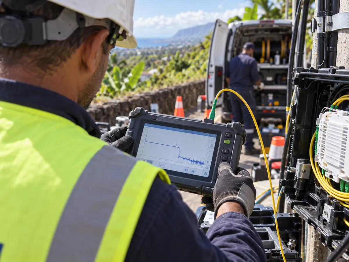 Technicien effectuant une mesure optique près d’un boîtier fibre ouvert.